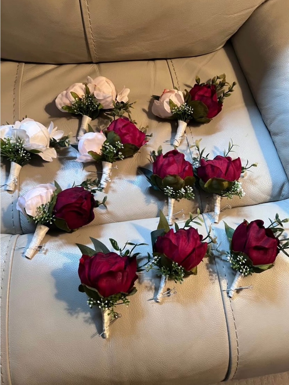 Wedding Burgundy, Blush, Ivory Peony Boutonnieres Set of 10